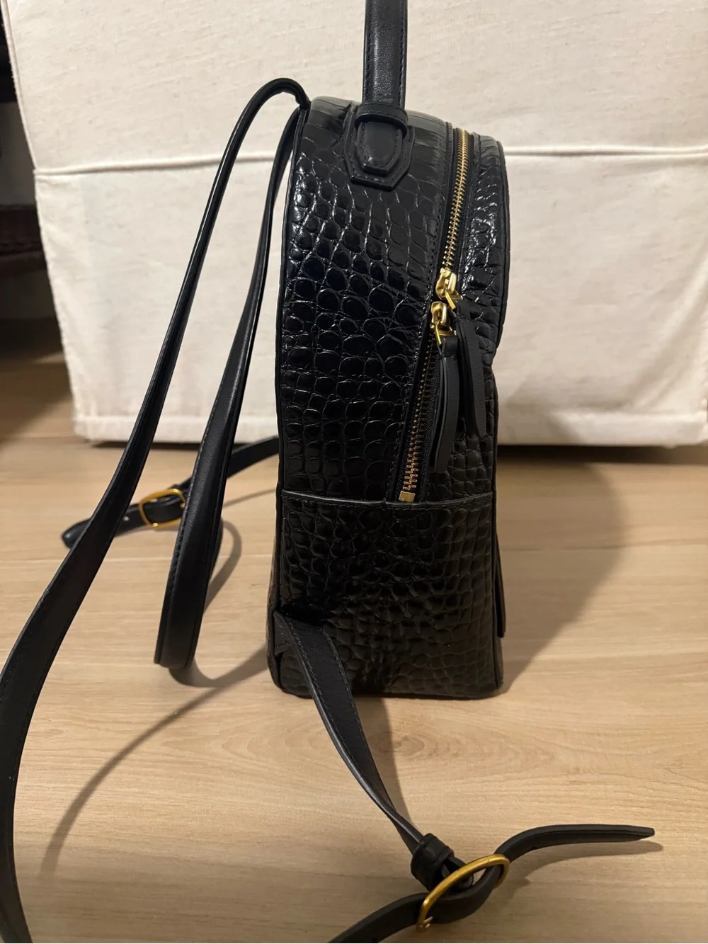 Tory Burch Black Croc-Embossed Mini Backpack with Gold Hardware